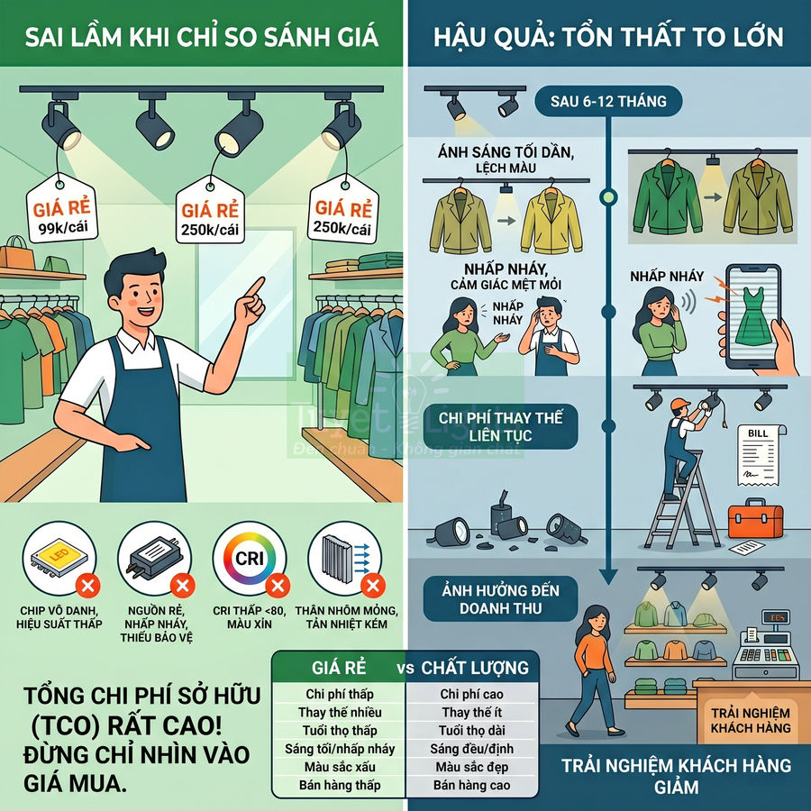 Infographic so sánh đèn LED giá rẻ và đèn LED chất lượng, nhấn mạnh chi phí thay thế và trải nghiệm khách hàng