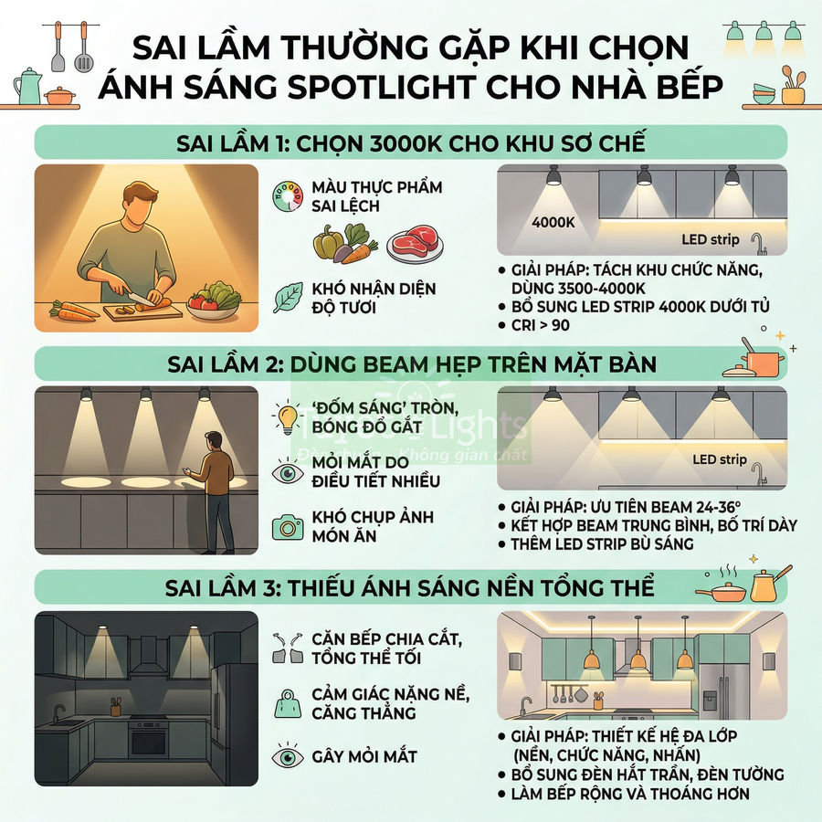 Infographic hướng dẫn chọn đèn spotlight và LED strip cho nhà bếp, nêu ba sai lầm chiếu sáng thường gặp