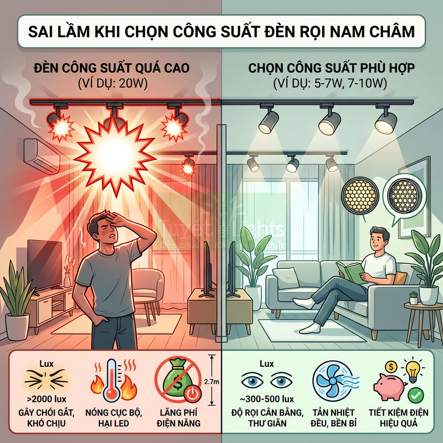 So sánh đèn rọi nam châm công suất cao 20W gây chói với đèn rọi công suất phù hợp 5 7W cho phòng khách thư giãn