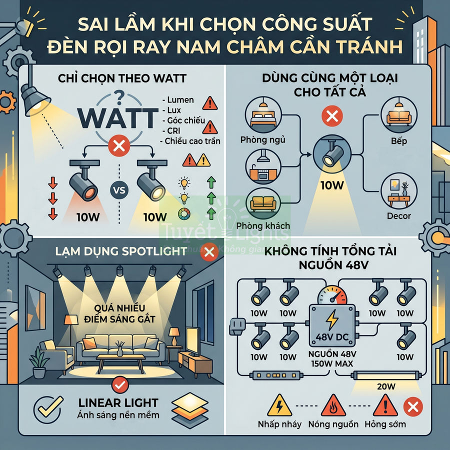 Infographic các sai lầm khi chọn công suất đèn rọi ray nam châm cho phòng khách và phòng ngủ