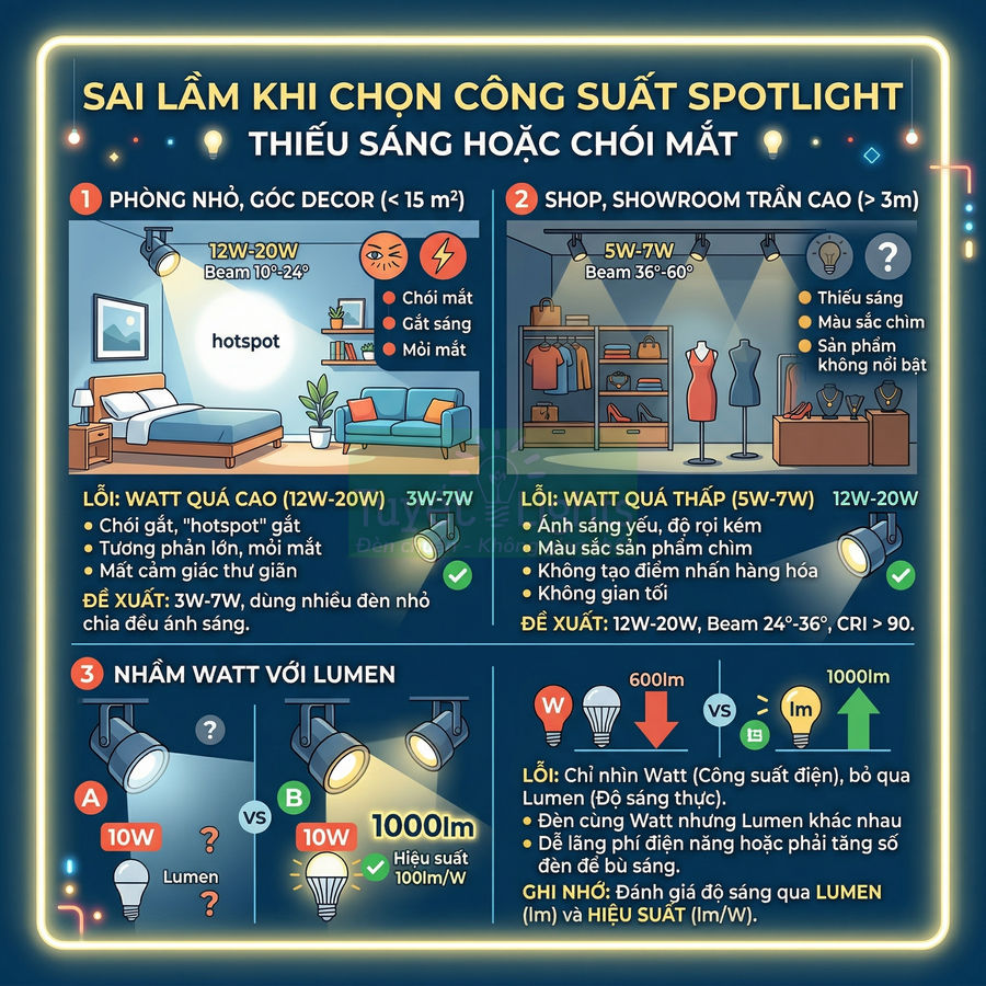 Infographic hướng dẫn chọn công suất đèn spotlight cho phòng ngủ, shop trần cao và phân biệt watt với lumen