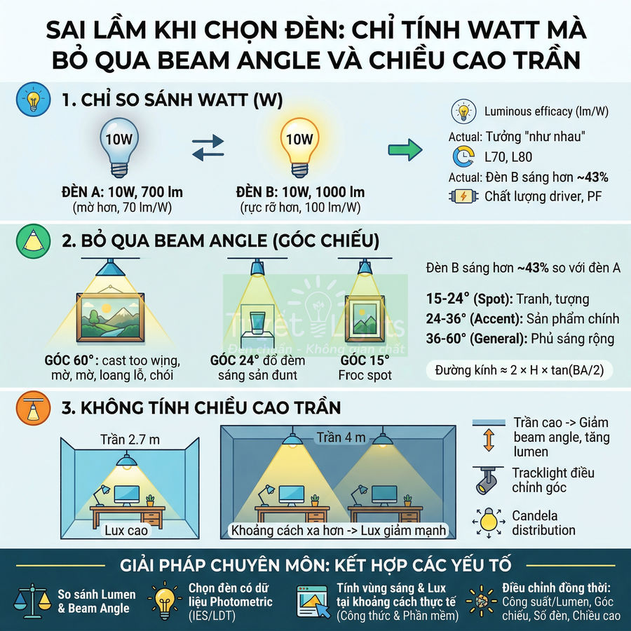 Infographic hướng dẫn chọn đèn LED đúng watt, góc chiếu beam angle và chiều cao trần để tối ưu ánh sáng