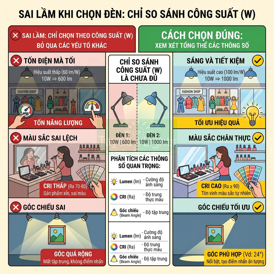 Infographic hướng dẫn chọn đèn LED tiết kiệm điện, ánh sáng chuẩn màu và góc chiếu tối ưu cho cửa hàng và trang điểm