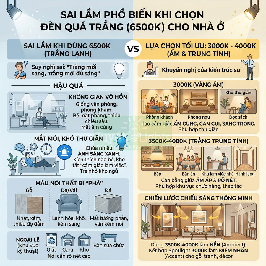 Infographic so sánh sai lầm dùng đèn 6500K với lựa chọn đèn 3000K 4000K cho chiếu sáng nhà ở