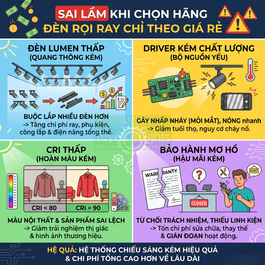 Infographic cảnh báo sai lầm chọn đèn rọi ray giá rẻ với lumen thấp, driver kém, CRI thấp và bảo hành mơ hồ
