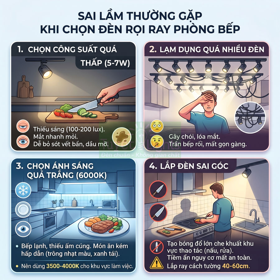 Infographic các sai lầm khi chọn đèn rọi ray phòng bếp như công suất thấp, lạm dụng đèn, ánh sáng quá trắng, lắp sai góc