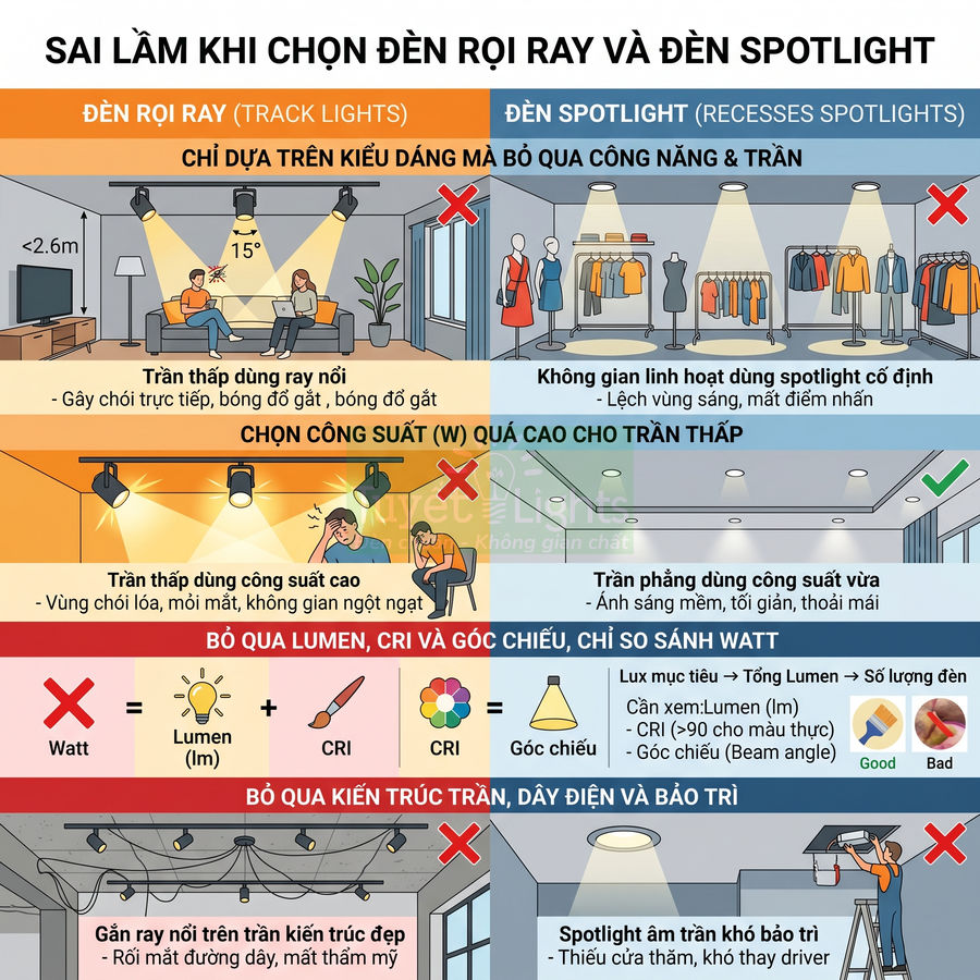 Infographic hướng dẫn tránh sai lầm khi chọn đèn rọi ray và đèn spotlight cho trần nhà và không gian nội thất