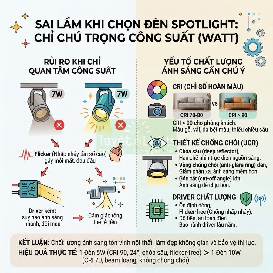 Infographic hướng dẫn chọn đèn spotlight LED, so sánh công suất, CRI, chống chói và driver chất lượng để bảo vệ mắt