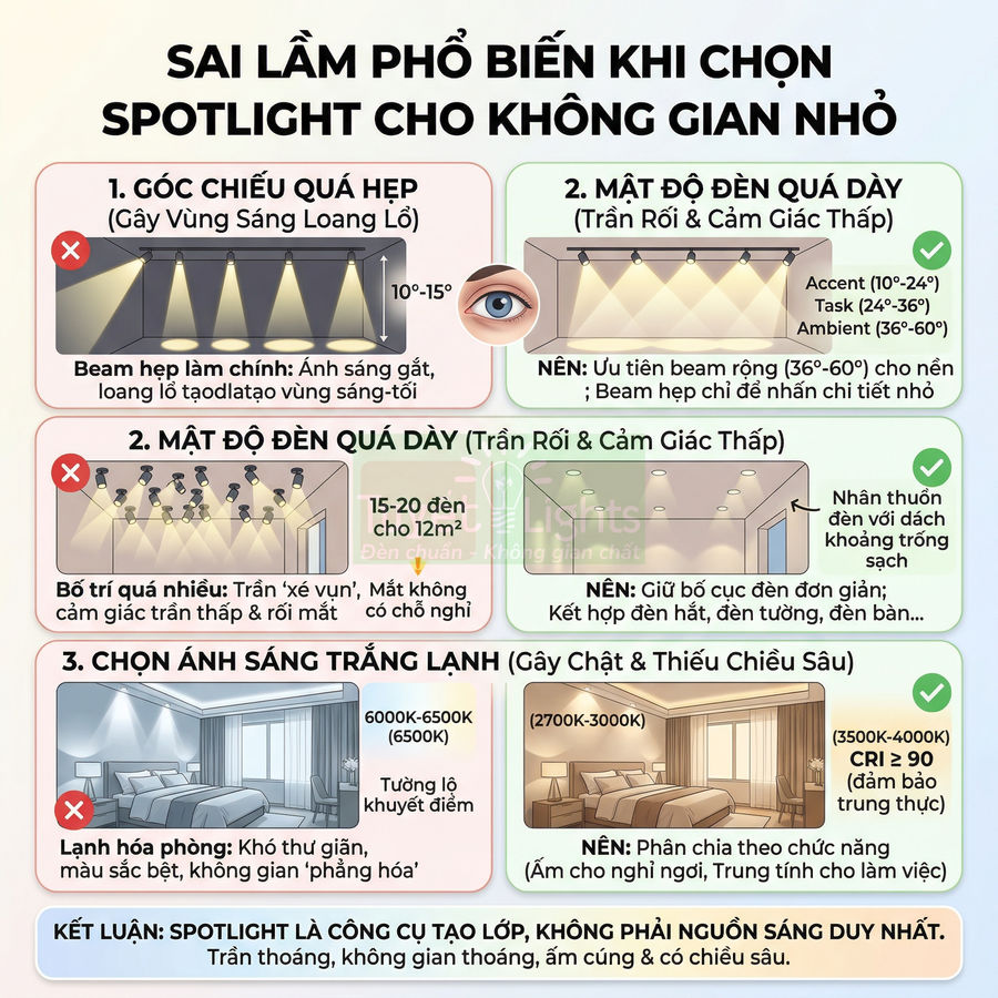 Infographic hướng dẫn tránh sai lầm khi chọn đèn spotlight cho không gian nhỏ, so sánh góc chiếu, mật độ và màu ánh sáng