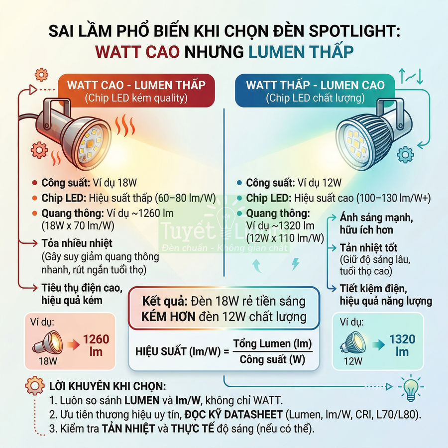 Infographic so sánh đèn spotlight watt cao lumen thấp và đèn spotlight watt thấp lumen cao, hướng dẫn chọn đèn LED tiết kiệm điện