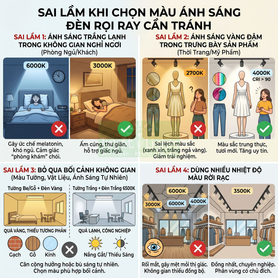 Infographic hướng dẫn chọn màu ánh sáng đèn rọi ray đúng cho phòng ngủ, trưng bày sản phẩm và không gian nội thất