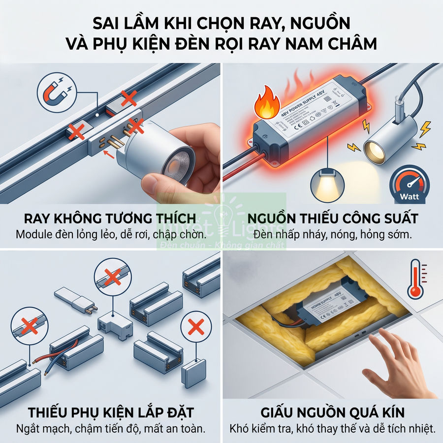 Minh họa các lỗi khi chọn ray, nguồn và phụ kiện cho đèn rọi ray nam châm trong trần nhà
