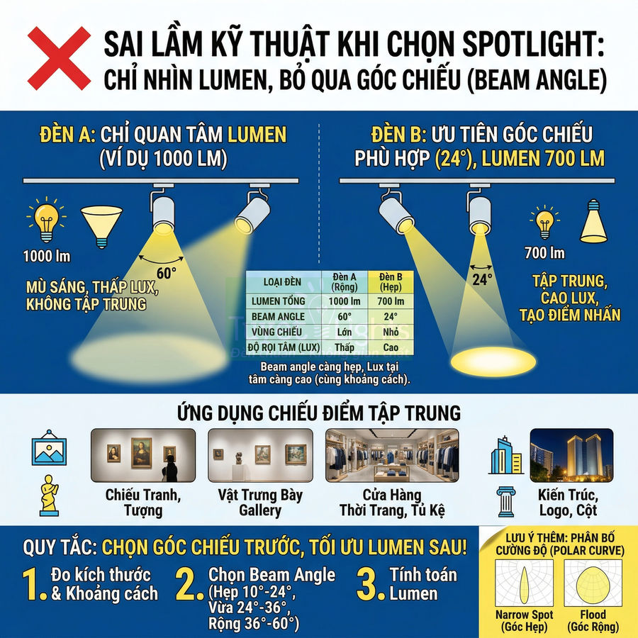 Infographic hướng dẫn chọn đèn spotlight theo góc chiếu beam angle và lumen cho chiếu điểm tập trung