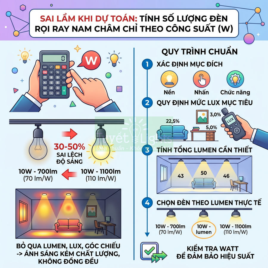 Infographic hướng dẫn chọn đèn rọi ray nam châm theo lumen lux thay vì chỉ dựa vào công suất watt