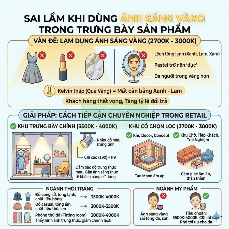 Infographic hướng dẫn dùng ánh sáng vàng và trung tính khi trưng bày sản phẩm thời trang, mỹ phẩm trong cửa hàng retail
