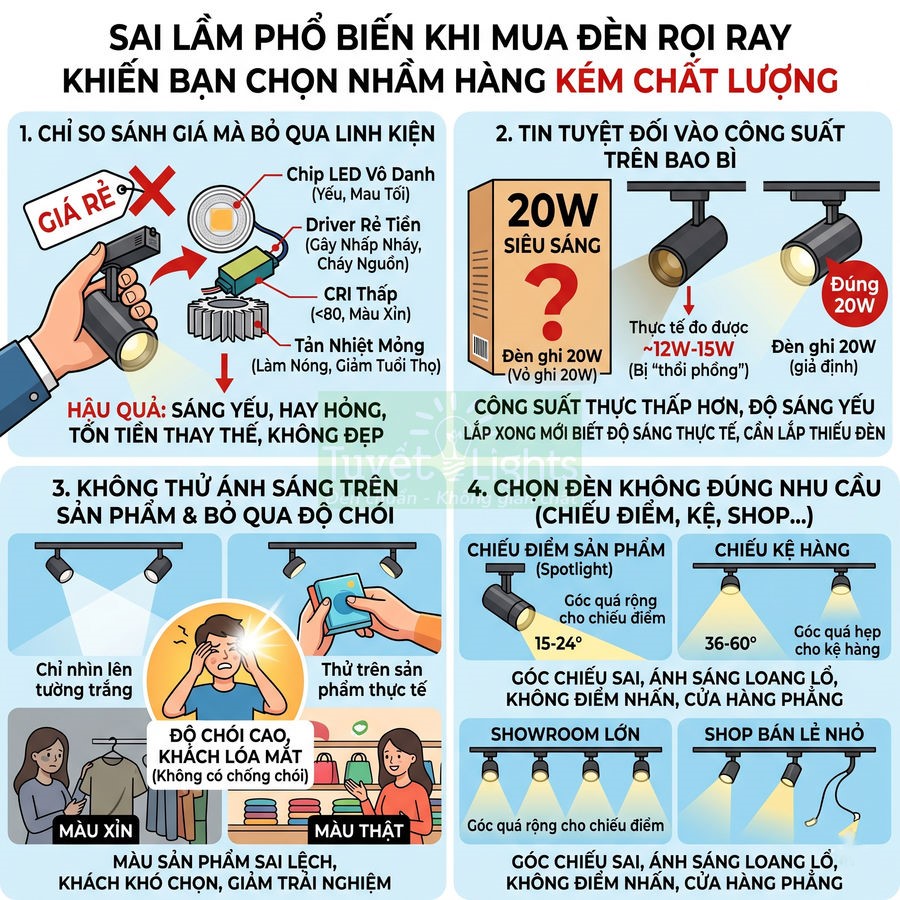 Infographic các sai lầm khi mua đèn rọi ray kém chất lượng và cách chọn đèn rọi ray đúng nhu cầu