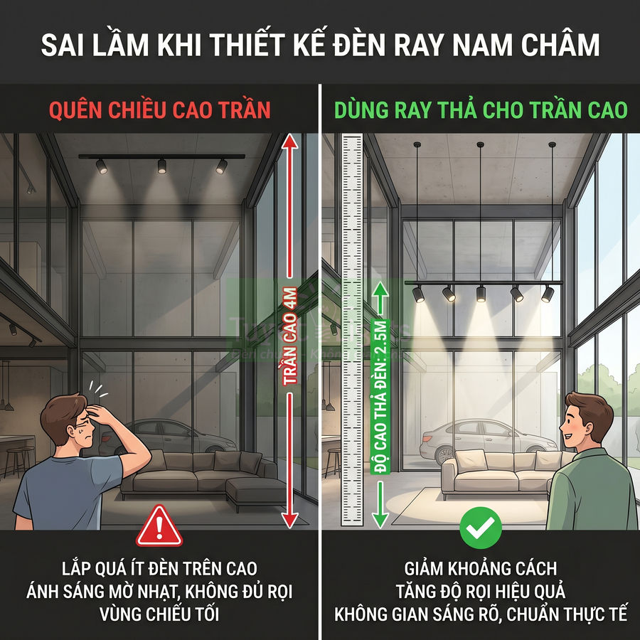 So sánh lắp đặt đèn ray nam châm trên trần cao và dùng ray thả giúp tăng độ rọi cho phòng khách trần cao