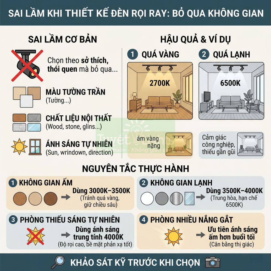 Infographic hướng dẫn chọn nhiệt độ màu đèn rọi ray phù hợp không gian nội thất, tránh ánh sáng quá vàng hoặc quá lạnh