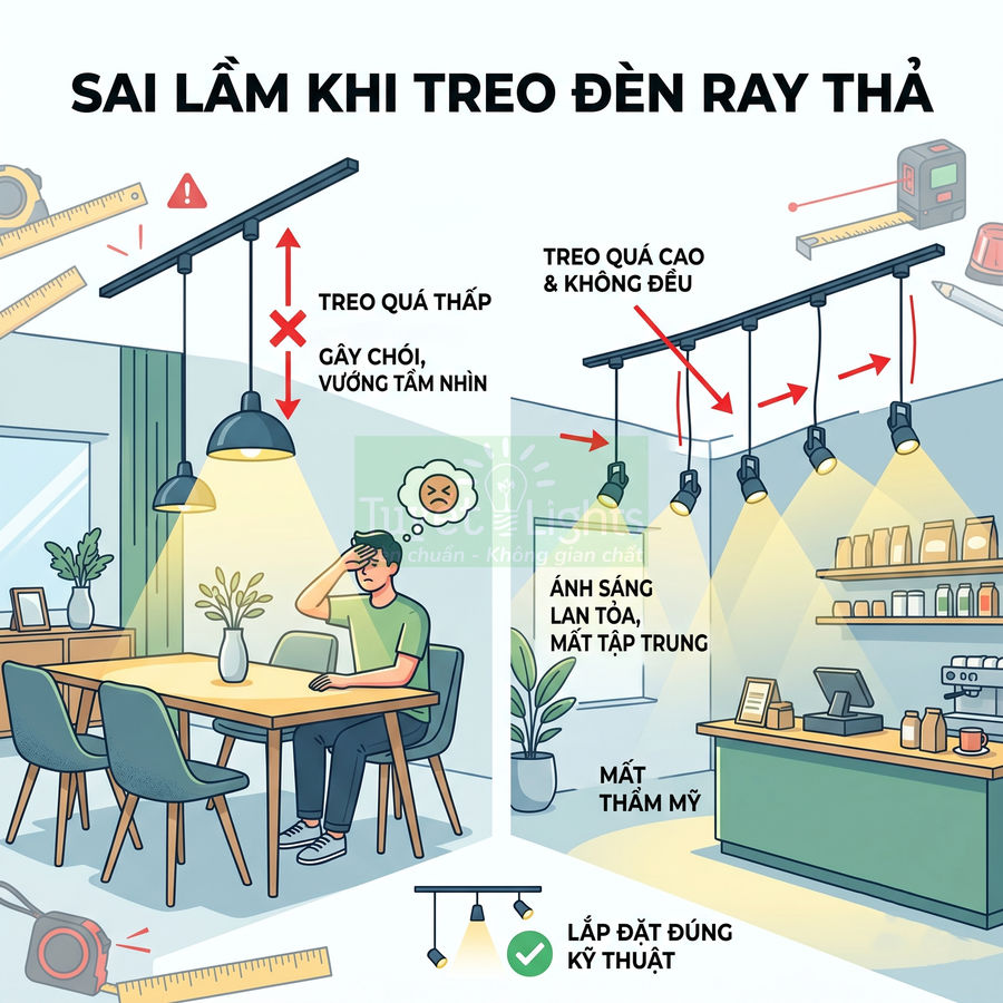 Minh họa các lỗi thường gặp khi lắp đặt đèn ray thả trong phòng khách và quán cà phê
