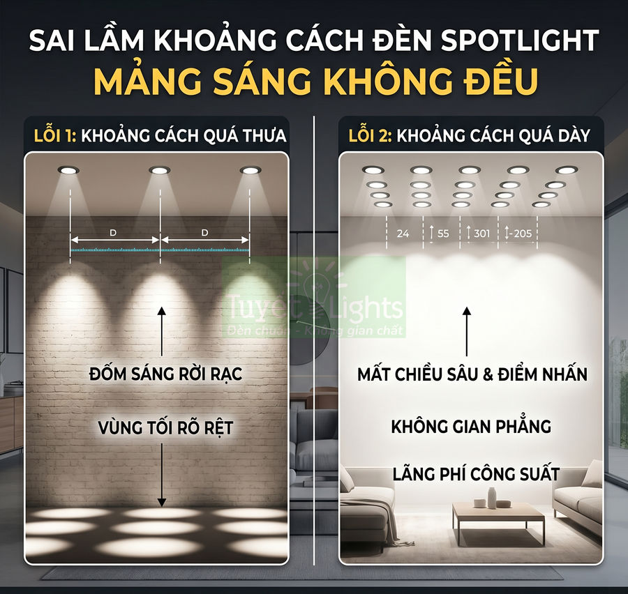Minh họa lỗi bố trí đèn spotlight trần nhà khiến mảng sáng không đều trong phòng khách hiện đại