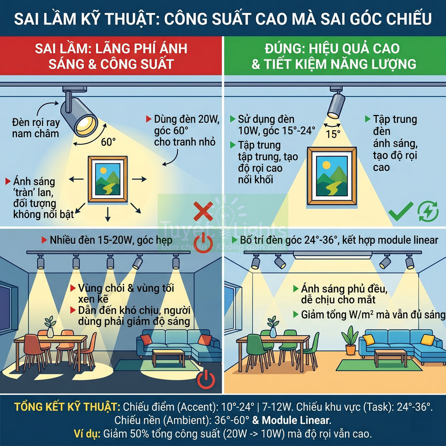 Minh họa so sánh bố trí đèn rọi và đèn trần trong phòng khách, hướng dẫn góc chiếu và công suất tiết kiệm điện