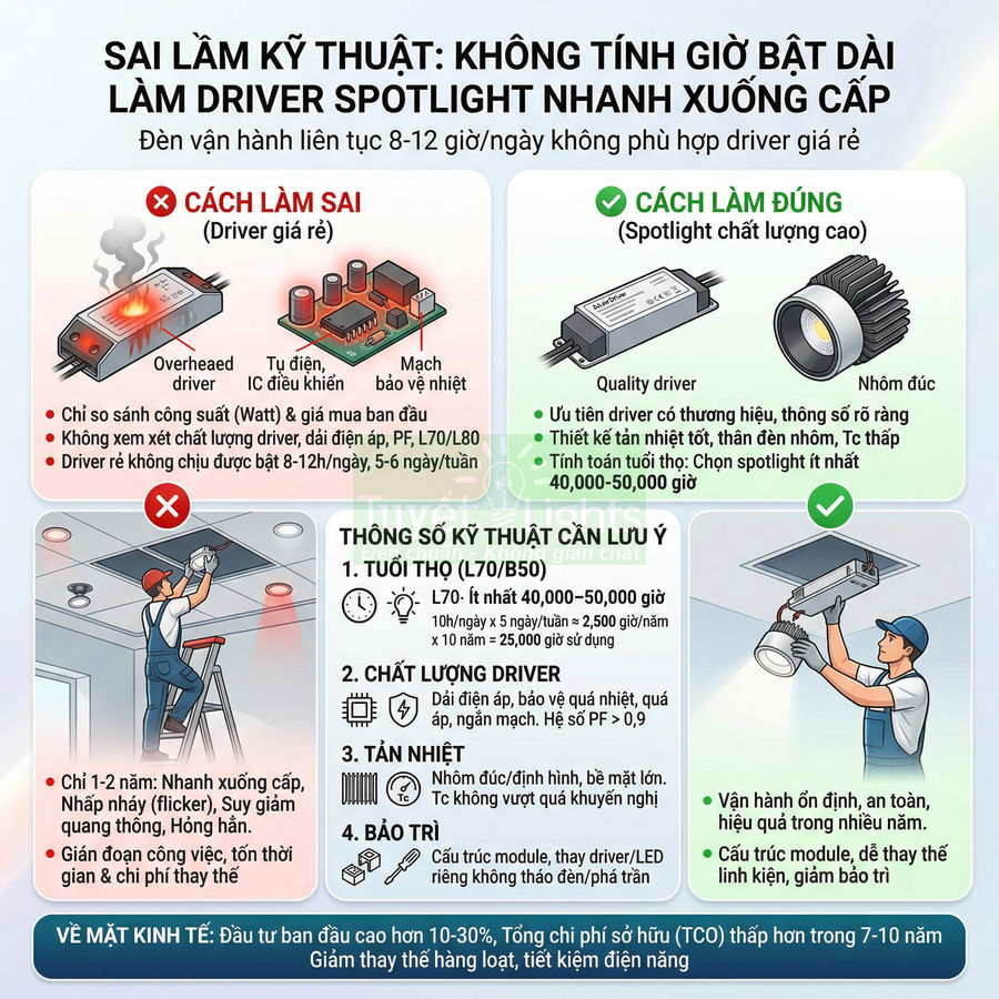 Infographic hướng dẫn chọn driver đèn spotlight chất lượng cao, so sánh driver giá rẻ và driver bền tiết kiệm điện