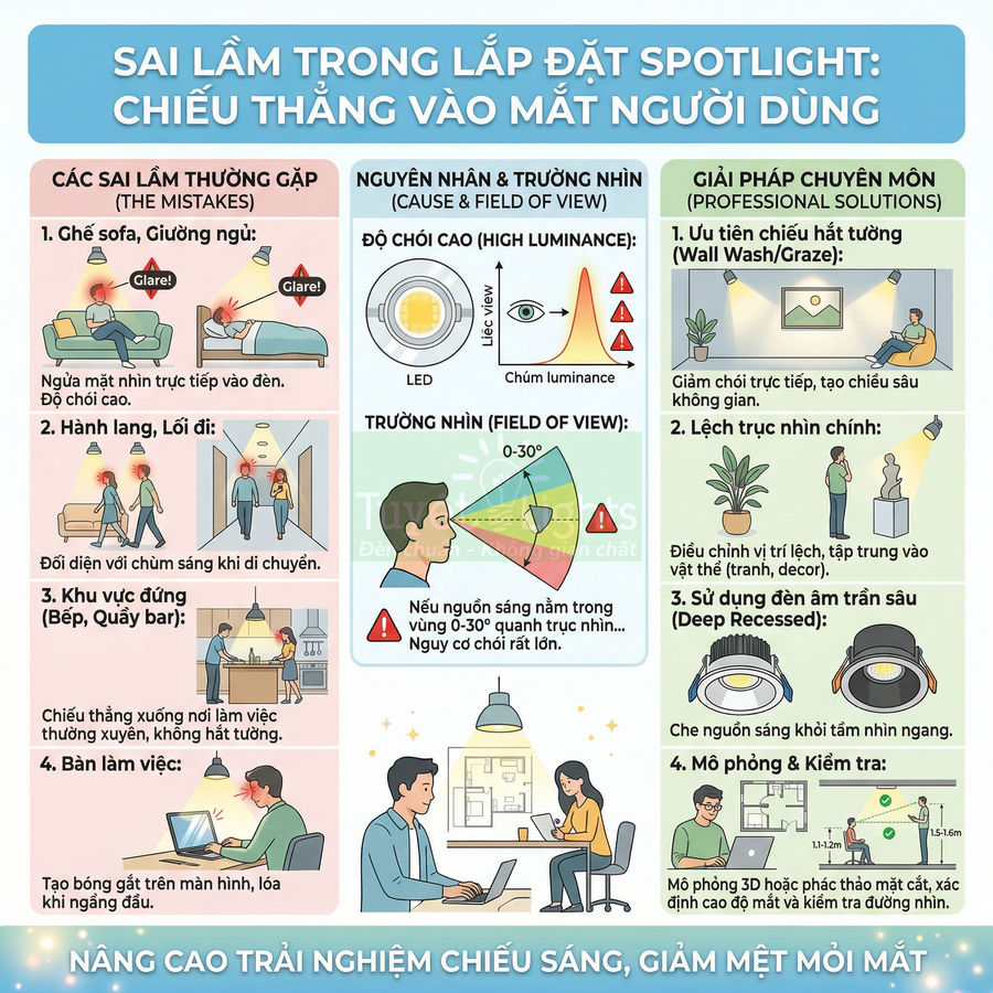 Infographic hướng dẫn tránh lắp đặt đèn spotlight chiếu thẳng vào mắt và gợi ý giải pháp chiếu sáng an toàn