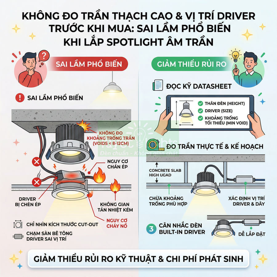 Hướng dẫn lắp đặt đèn spotlight âm trần đúng cách để tránh chèn ép driver và giảm nguy cơ cháy nổ