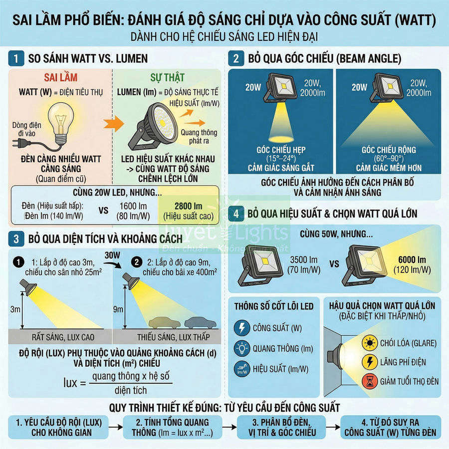 Infographic so sánh độ sáng đèn LED theo lumen, góc chiếu, diện tích chiếu và hiệu suất thay vì chỉ dựa vào công suất watt