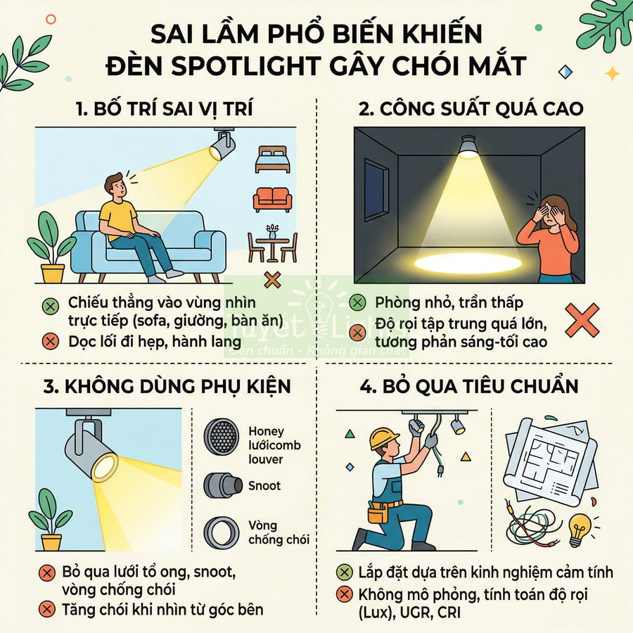 Infographic các sai lầm khi lắp đặt đèn spotlight trong nhà gây chói mắt và khó chịu cho người dùng