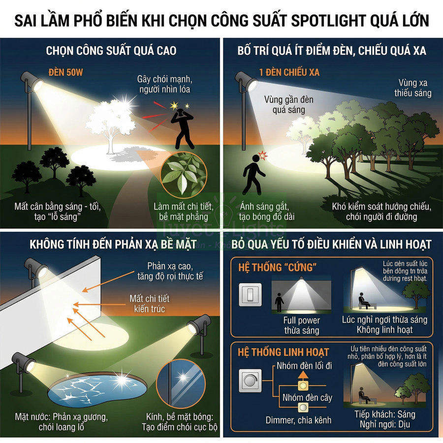 Minh họa các sai lầm khi chọn công suất đèn spotlight ngoài trời và giải pháp điều khiển linh hoạt