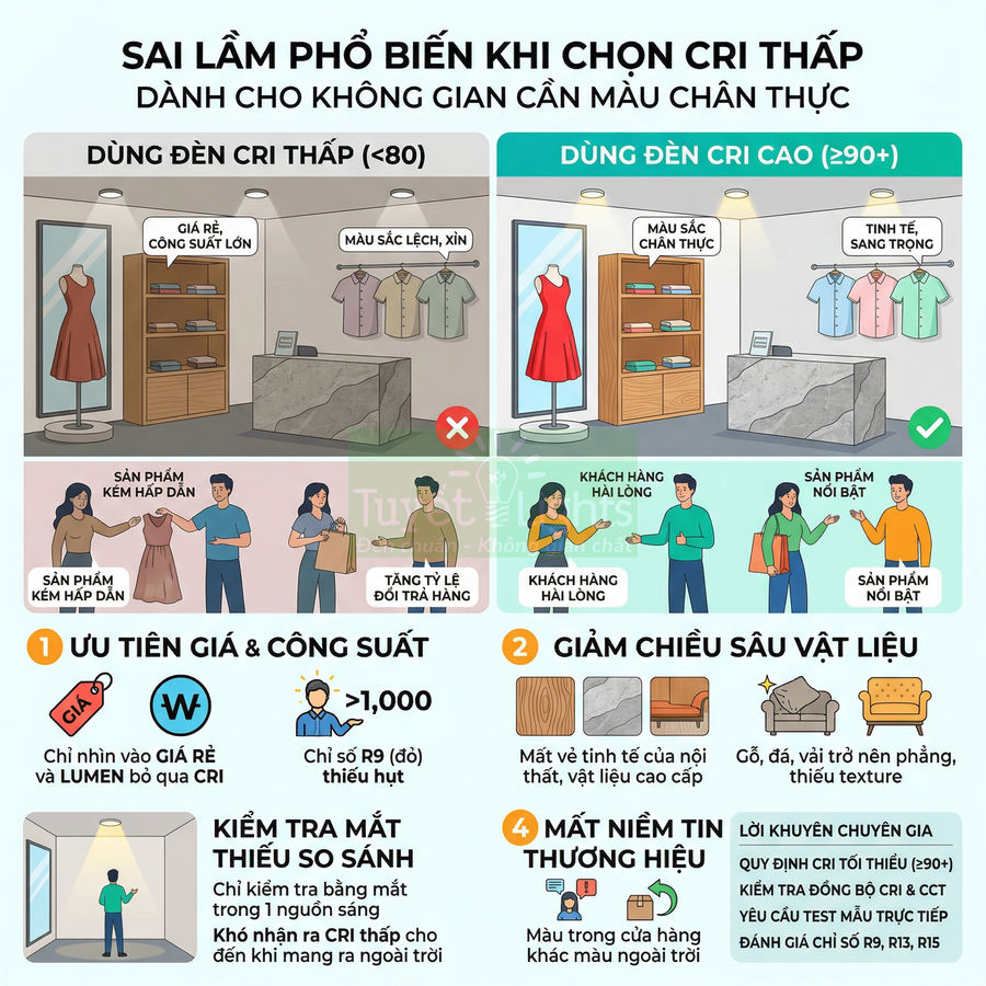 Infographic so sánh đèn CRI thấp và đèn CRI cao trong cửa hàng thời trang, minh họa ảnh hưởng đến màu sắc sản phẩm