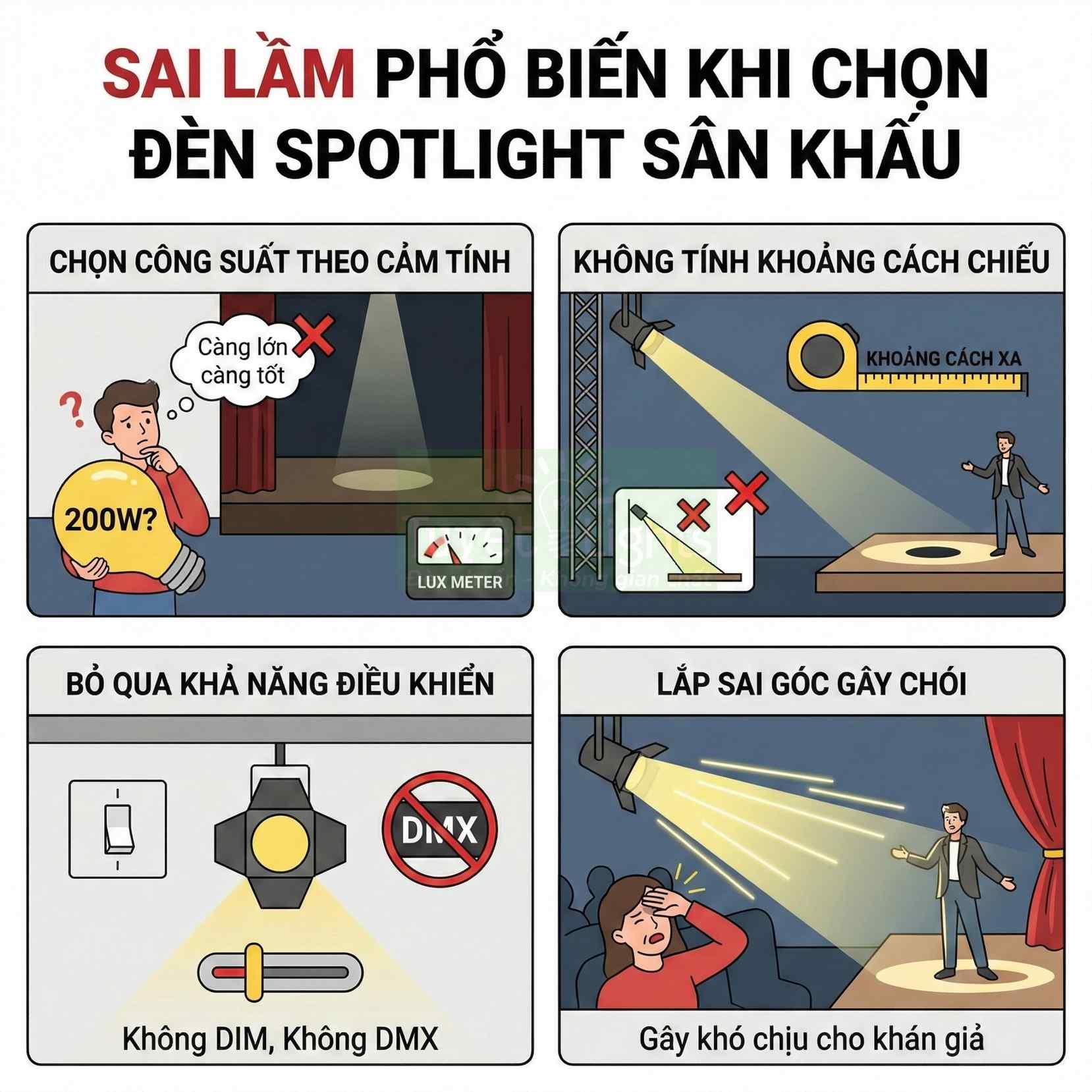 Minh họa các sai lầm phổ biến khi chọn và lắp đặt đèn spotlight sân khấu gây chói và thiếu kiểm soát ánh sáng