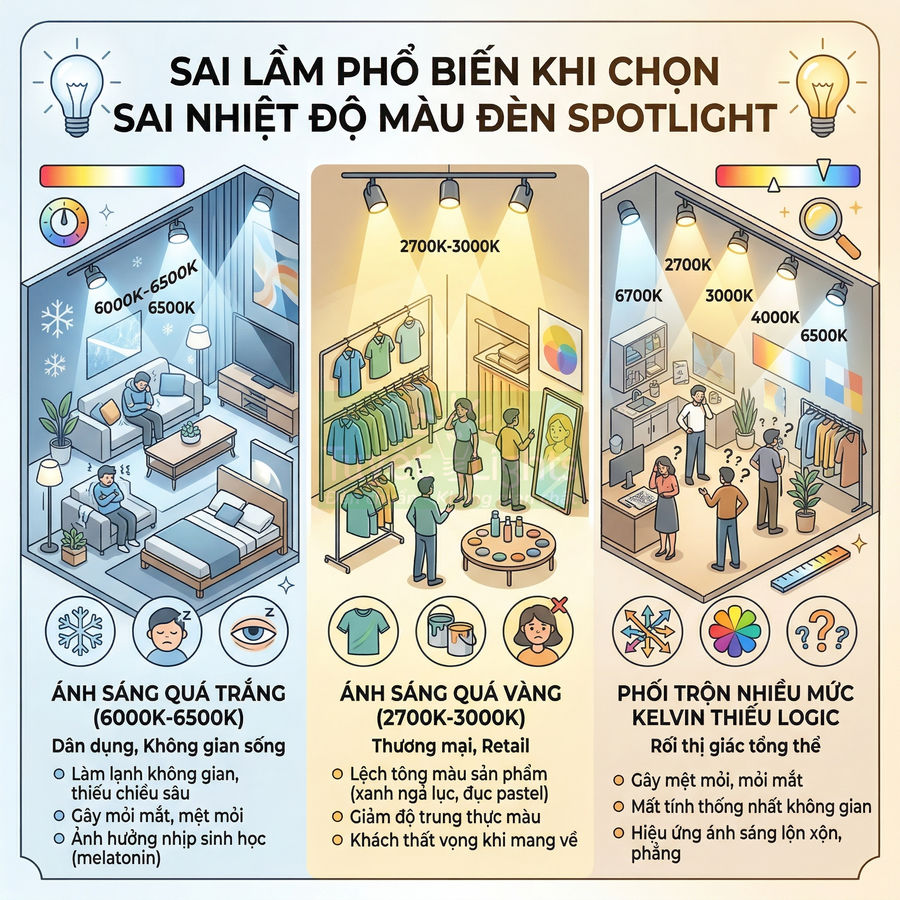 Minh họa các sai lầm khi chọn nhiệt độ màu đèn spotlight cho phòng khách, cửa hàng thời trang và văn phòng