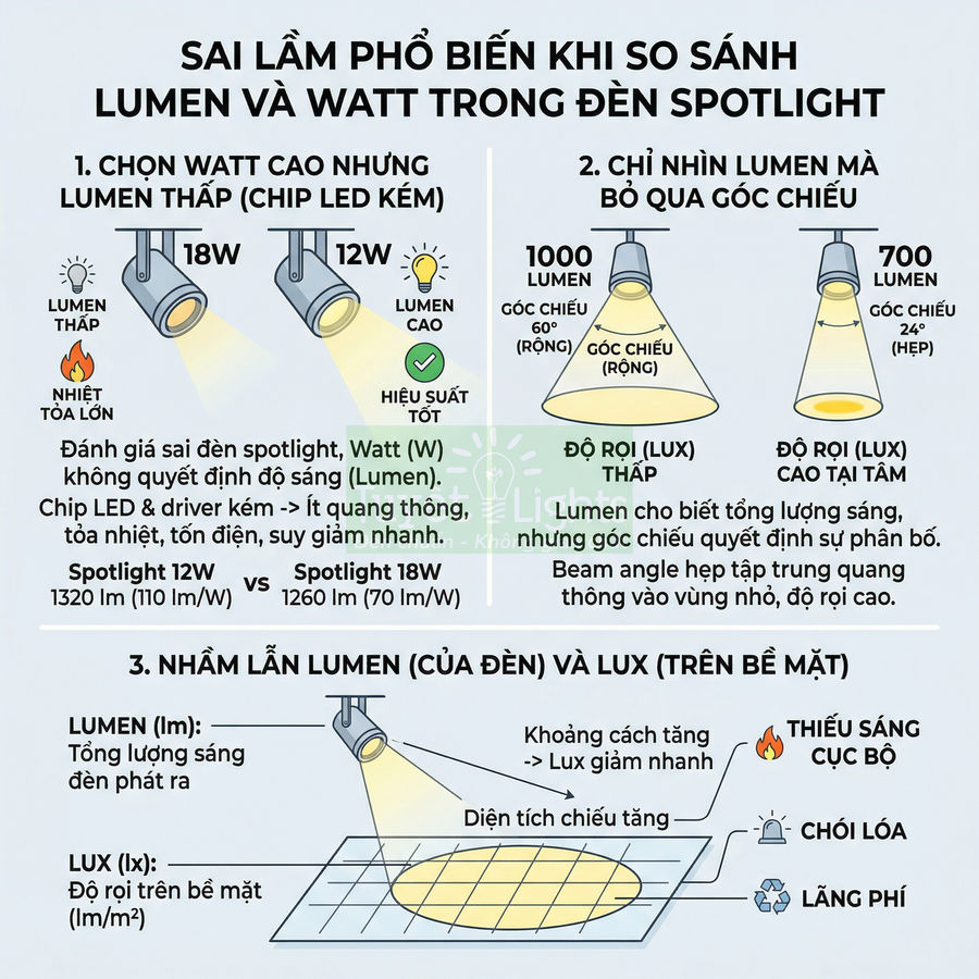 Minh họa các sai lầm khi so sánh lumen và watt trong đèn LED spotlight, giải thích góc chiếu và độ rọi lux
