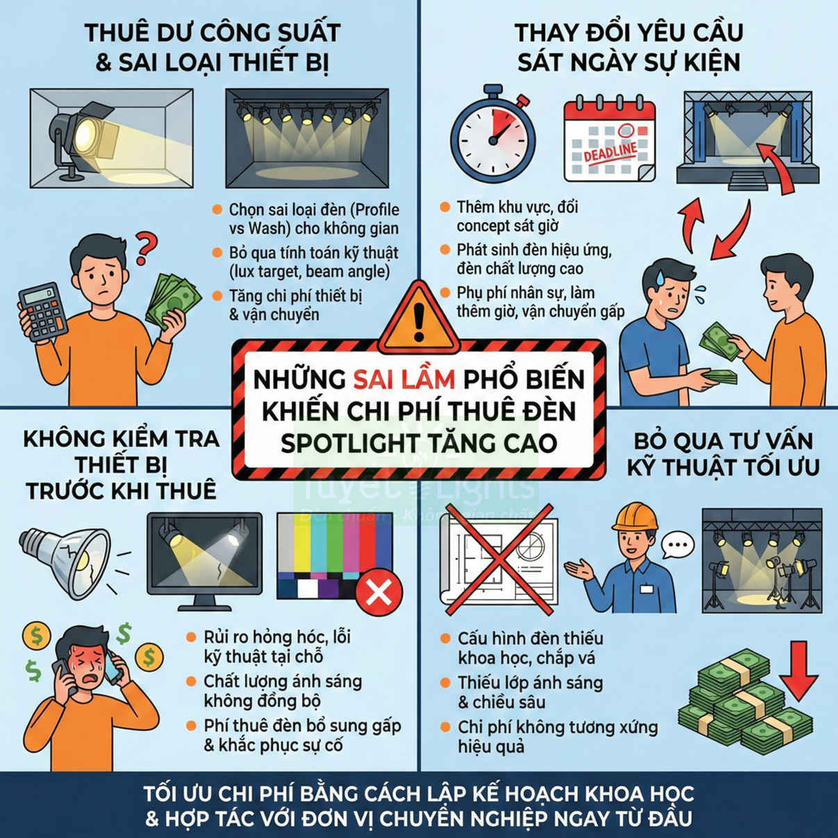 Infographic các sai lầm làm tăng chi phí thuê đèn spotlight sân khấu và cách tối ưu chi phí hiệu quả