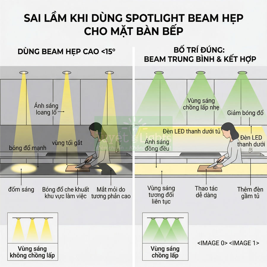 Minh họa so sánh sai lầm và cách bố trí đèn spotlight beam hẹp đúng cho mặt bàn bếp