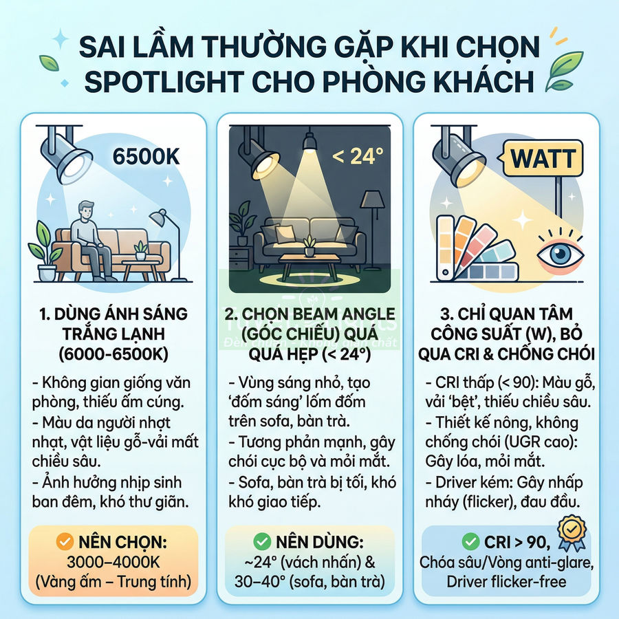 Infographic các sai lầm khi chọn đèn spotlight cho phòng khách và gợi ý nhiệt độ màu, góc chiếu, chỉ số CRI