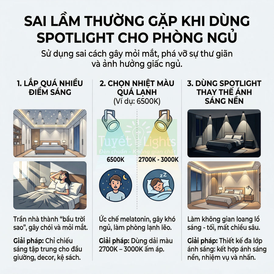 Infographic sai lầm khi dùng đèn spotlight cho phòng ngủ và gợi ý chọn số lượng, nhiệt màu, cách bố trí hợp lý