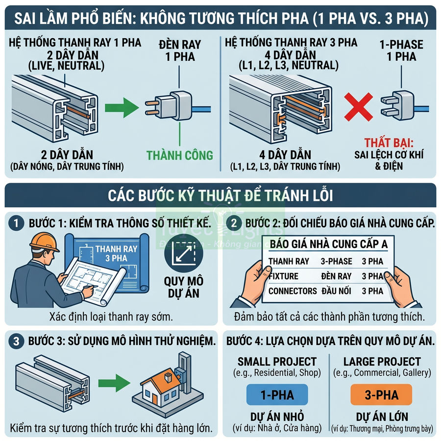 Hướng dẫn chọn thanh ray đèn 1 pha và 3 pha, tránh lỗi không tương thích khi lắp đặt hệ thống chiếu sáng