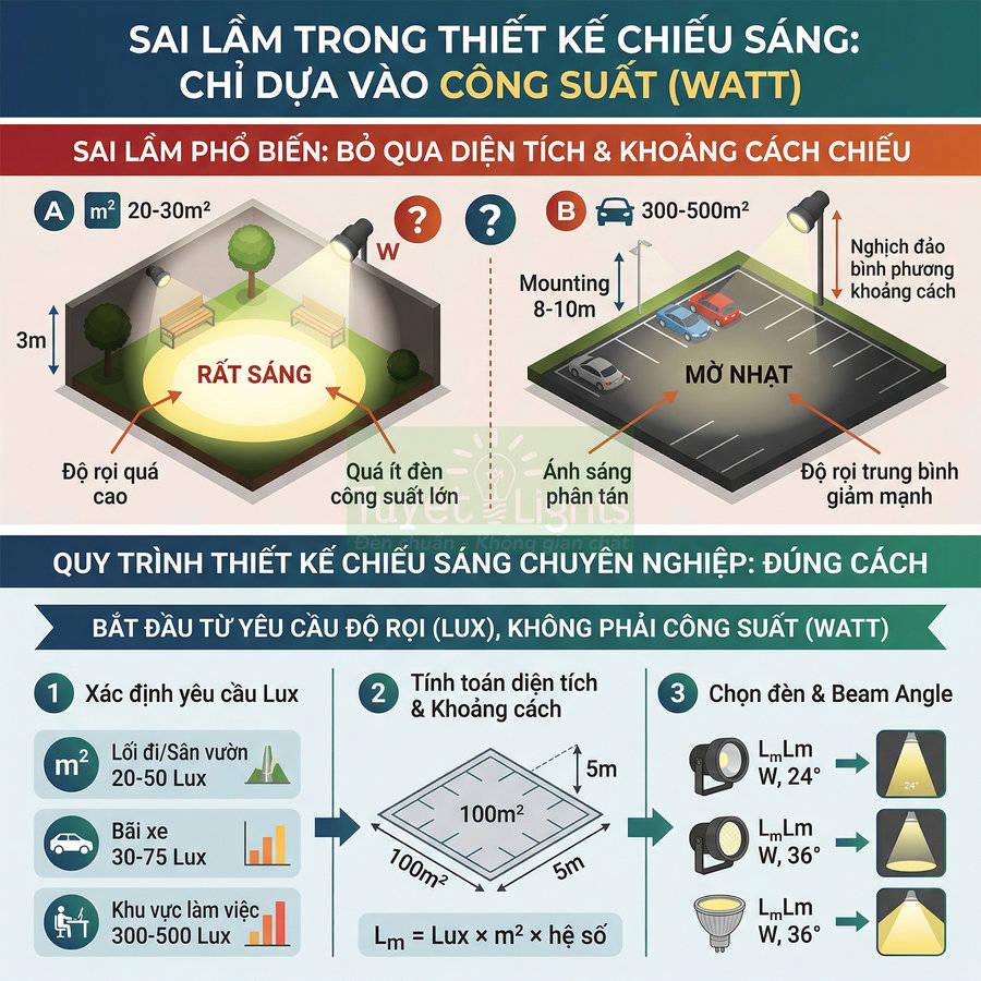 Infographic hướng dẫn thiết kế chiếu sáng đúng cách theo độ rọi lux thay vì chỉ dựa vào công suất đèn