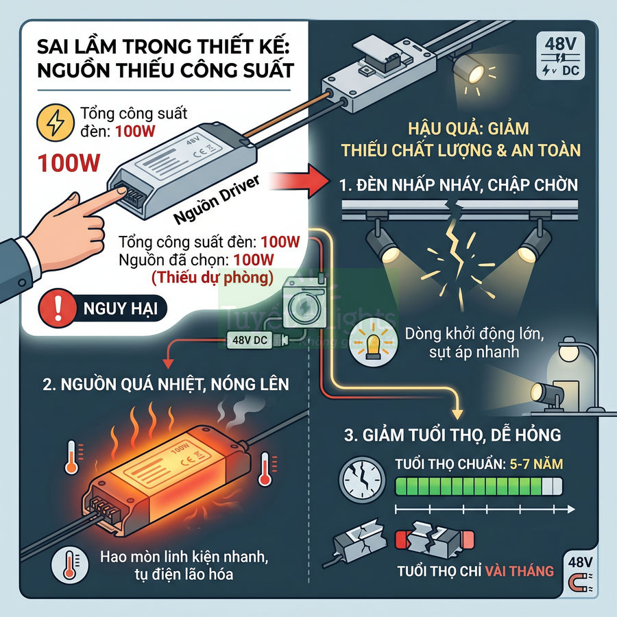 Infographic cảnh báo sai lầm chọn nguồn driver LED thiếu công suất gây quá nhiệt, đèn nhấp nháy và giảm tuổi thọ