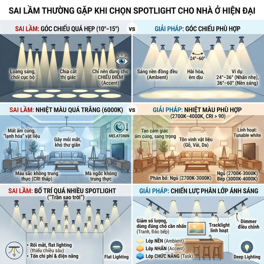 Infographic hướng dẫn chọn đèn spotlight cho nhà ở hiện đại với các sai lầm phổ biến và giải pháp chiếu sáng phù hợp