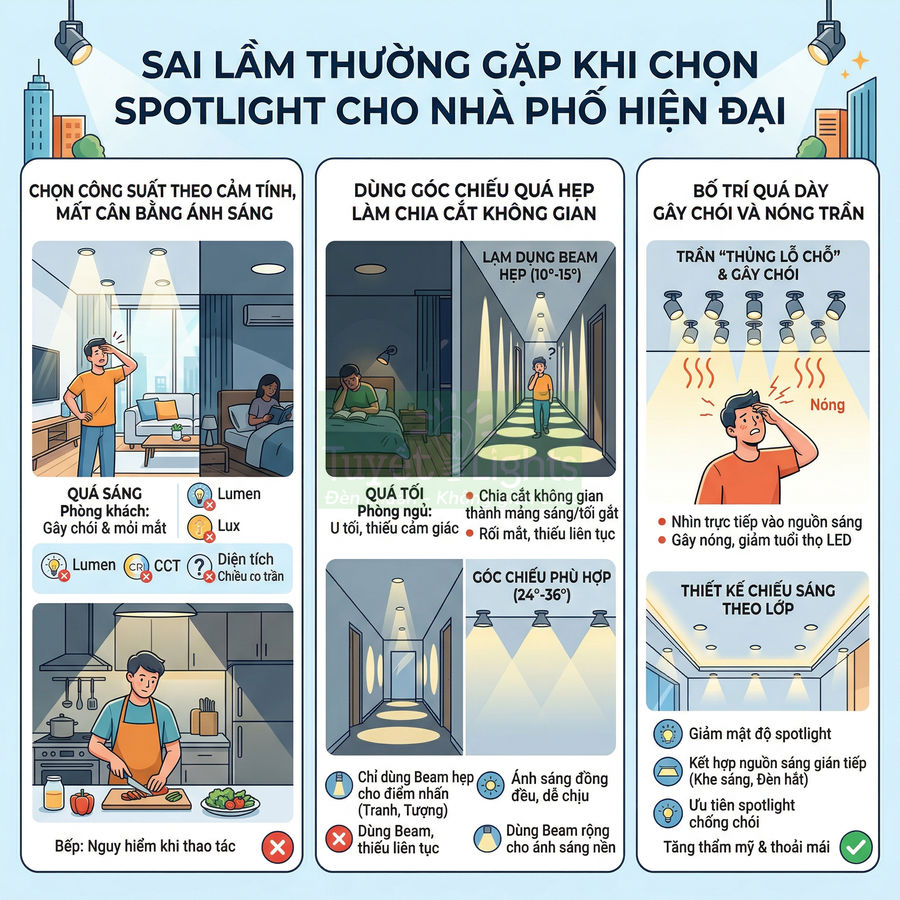 Infographic các sai lầm khi chọn đèn spotlight cho nhà phố hiện đại và gợi ý bố trí chiếu sáng đúng cách