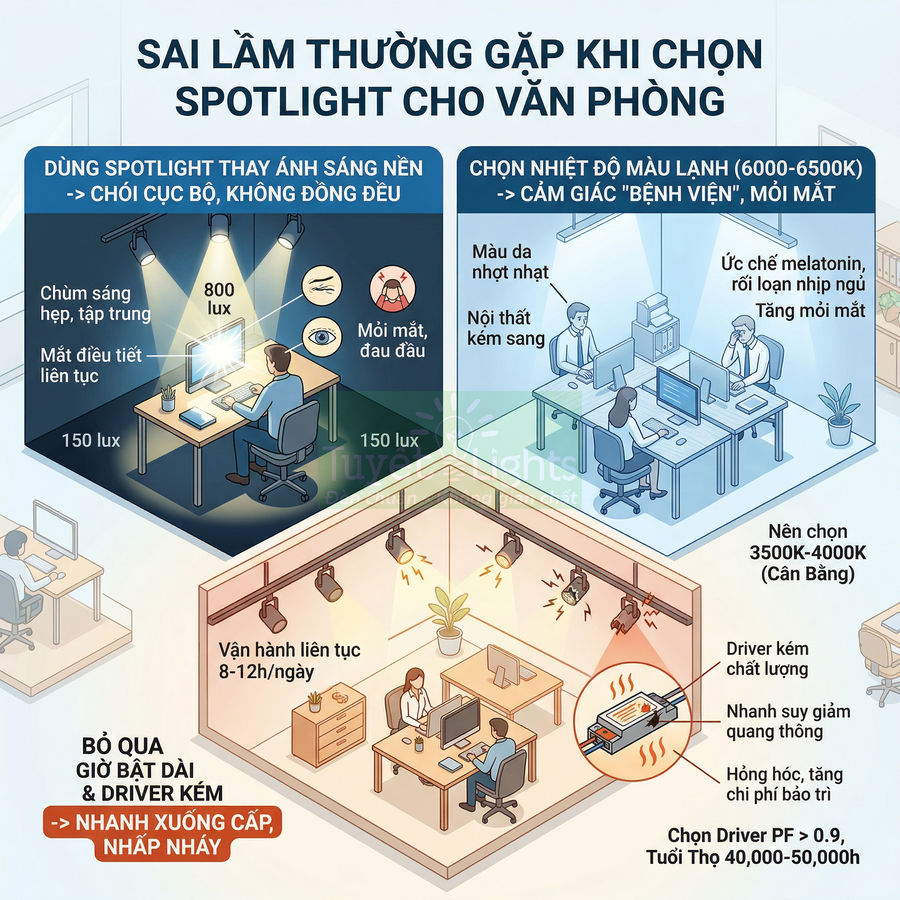 Minh họa các lỗi thường gặp khi chọn đèn spotlight văn phòng và gợi ý nhiệt độ màu, driver đèn LED phù hợp