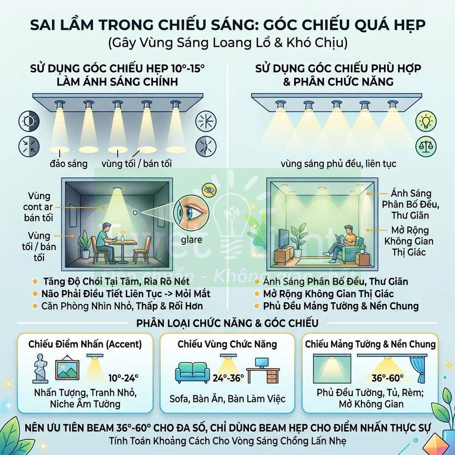 Minh họa sai lầm trong chiếu sáng với góc chiếu quá hẹp và cách chọn góc chiếu đèn phù hợp cho từng khu vực