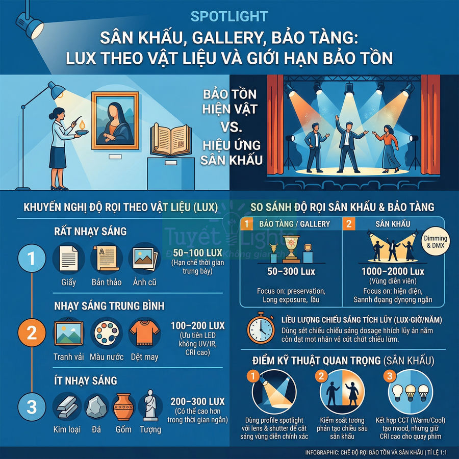 Infographic hướng dẫn độ rọi lux cho sân khấu, gallery, bảo tàng theo vật liệu và giới hạn bảo tồn