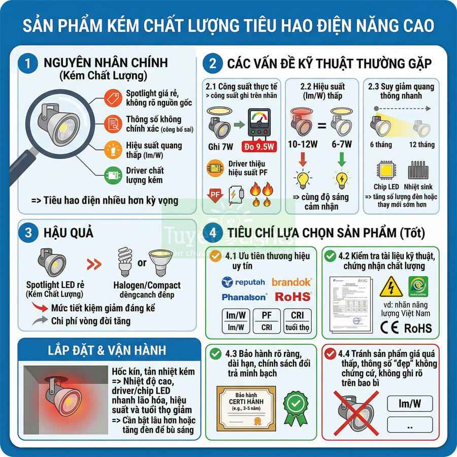 Infographic hướng dẫn chọn đèn LED spotlight chất lượng, tránh sản phẩm kém gây tiêu hao điện năng cao