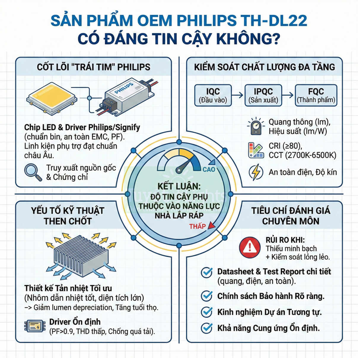 Infographic đánh giá độ tin cậy đèn LED OEM Philips TH DL22 với chip LED, driver và tiêu chí kiểm soát chất lượng