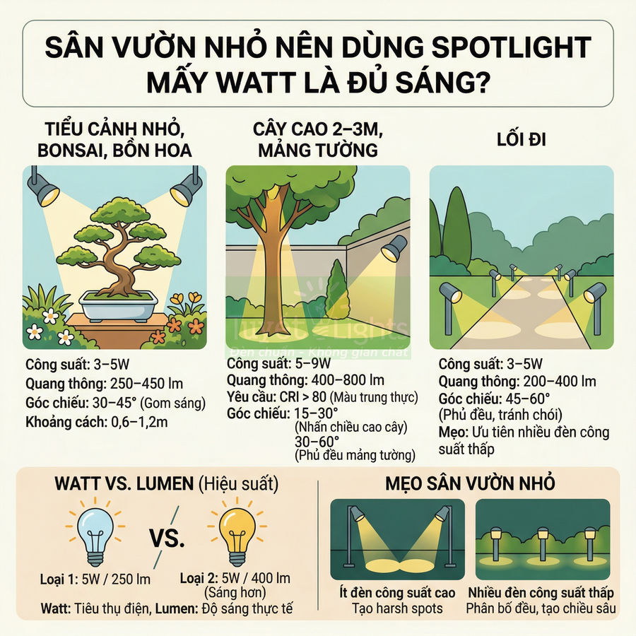Hướng dẫn chọn đèn spotlight LED cho sân vườn nhỏ, bonsai, cây cao và lối đi với công suất và quang thông phù hợp